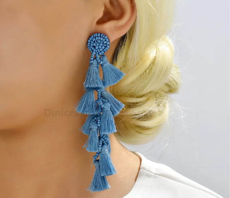 Fashion Blue Denim Look Style Knot Weave Tassel Charm Long Hanging Drop Earrings