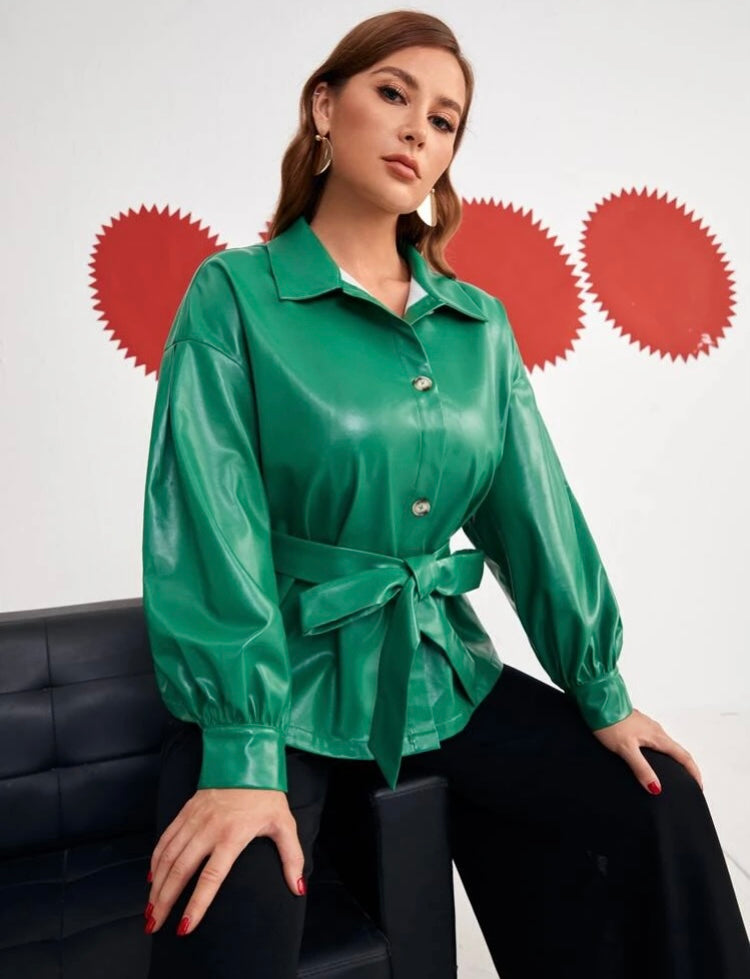 Attractive Green Plus Shirt Blouse Shoulder Belted Stylish PU Leather Jacket for Fall Winter  Clothing Casual Formal Wear