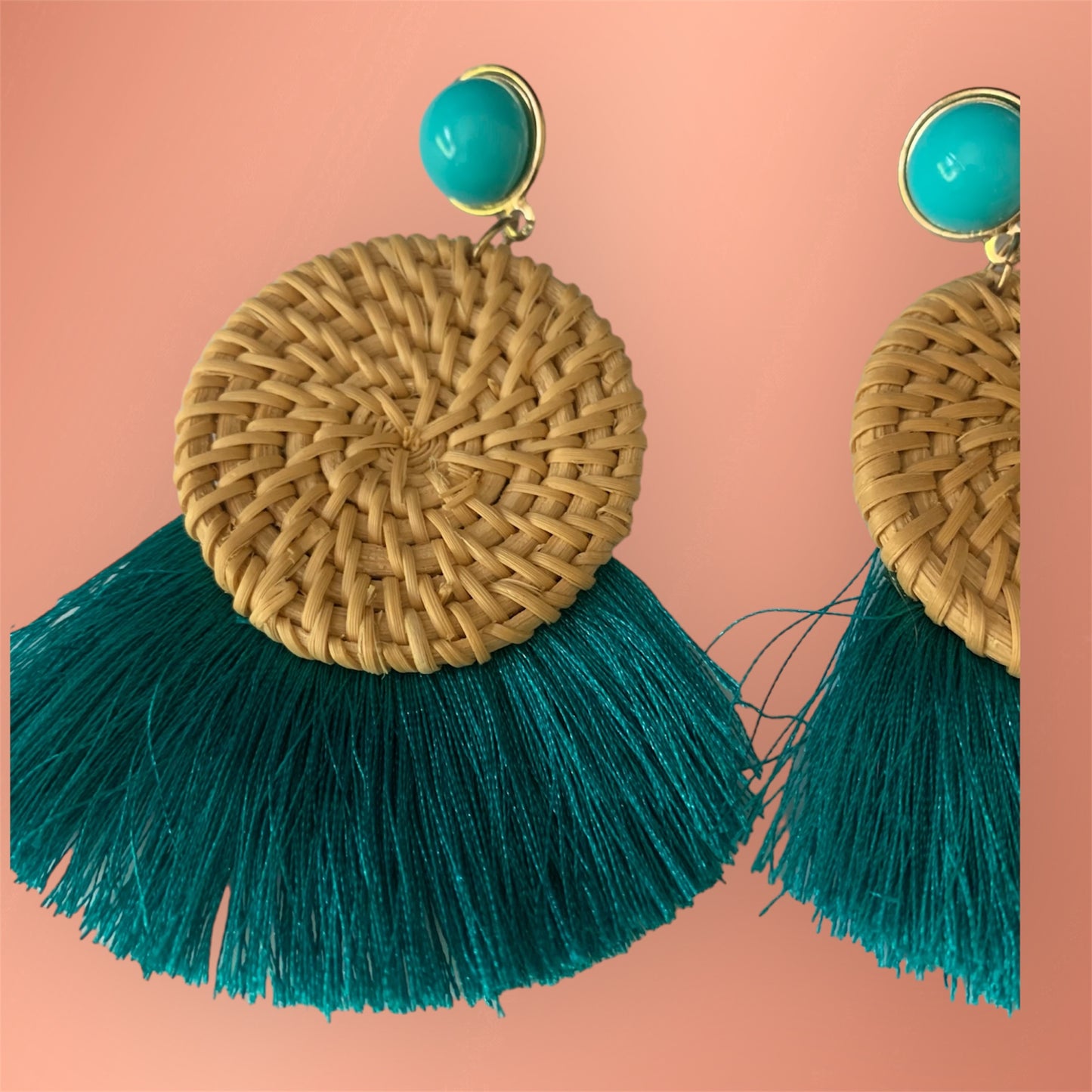 Women's Tassel Teal Green Woven Feathered Style Statement Chic Fashion Earrings Ladies