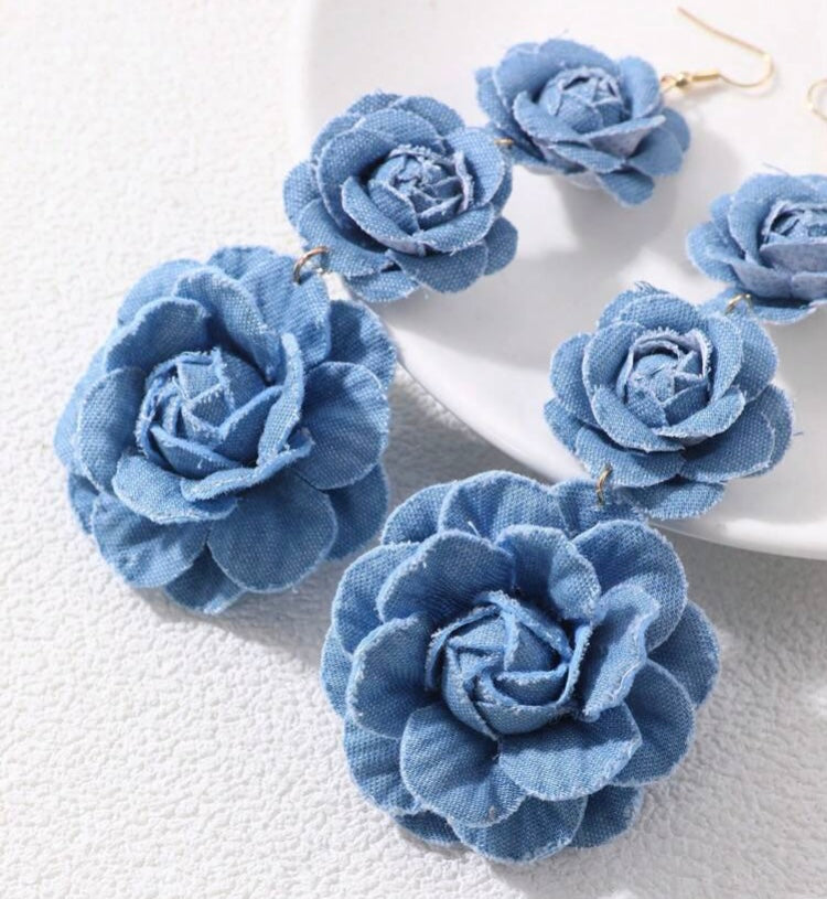 Beautiful Fashionable Triple Denim Flower Blue Jeans Big Flower Earrings for Women Jewelry Accessory