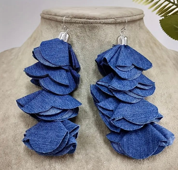 Beautiful Four Layered Denim Handmade Flower Petal Tassel Dangle Earrings for Women Fashion  Jewelry