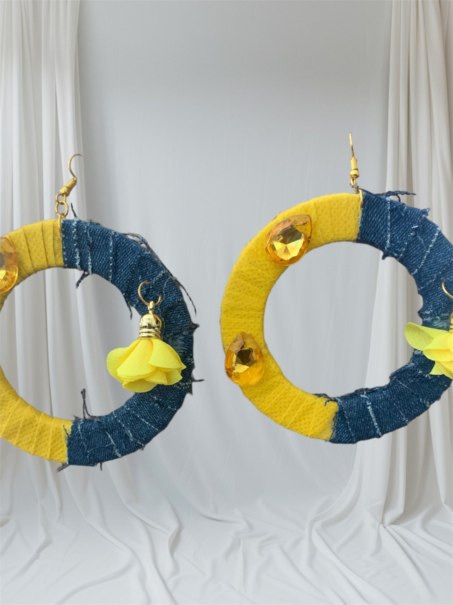 Fashion Statement Denim Yellow Wood Distressed Customized w Floral Enhanced Hoop Earrings Jewelry