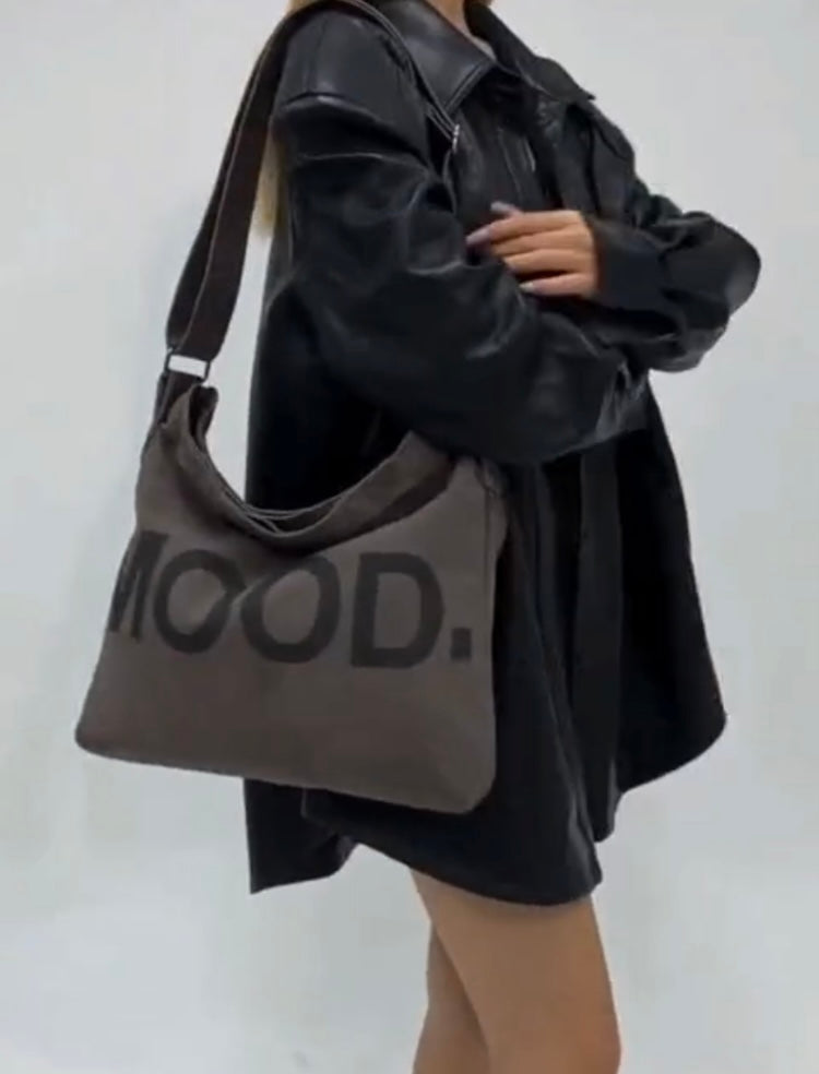 MOOD Letter Graphic Canvas Trendy Crossbody Tote Women's Fashion Style Gray Bag