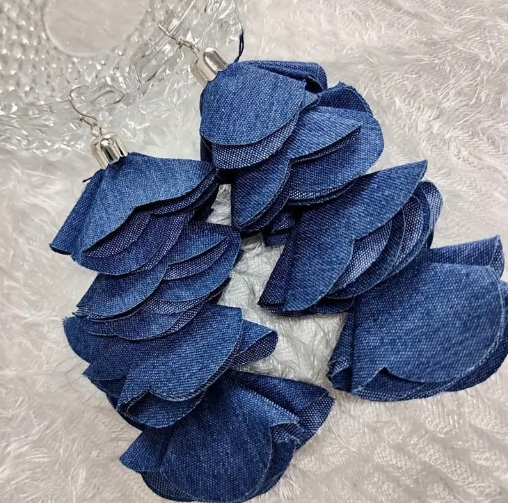 Beautiful Four Layered Denim Handmade Flower Petal Tassel Dangle Earrings for Women Fashion  Jewelry