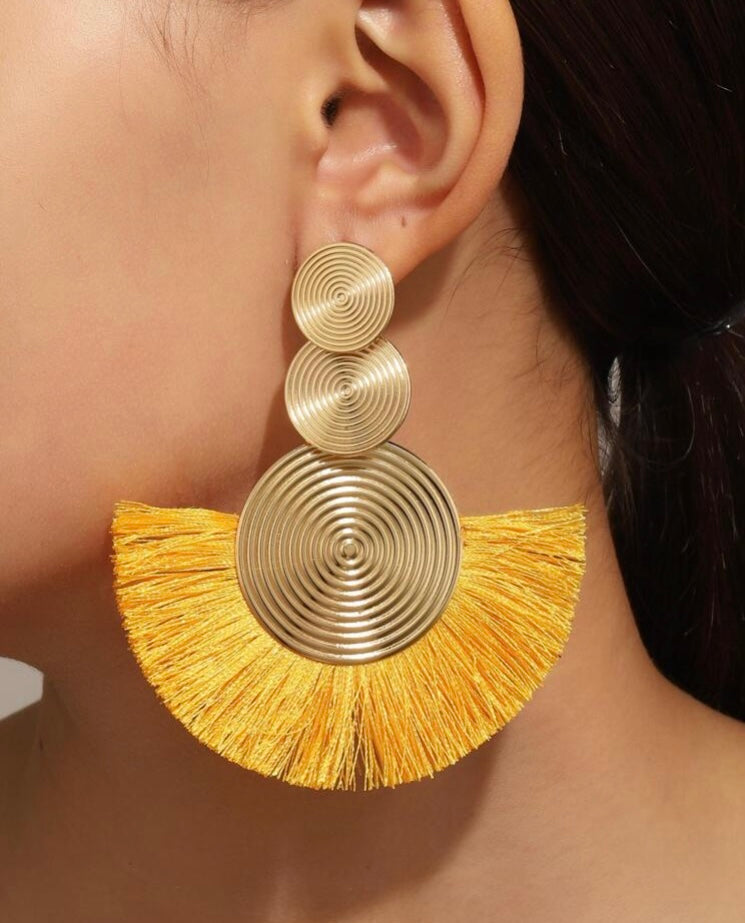 Gold Yellow Classy Circle Tassel Drop Earrings Bohemian Style Fan-Shaped Earrings for Women Accessories