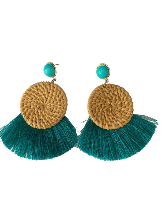 Women's Tassel Teal Green Woven Feathered Style Statement Chic Fashion Earrings Ladies