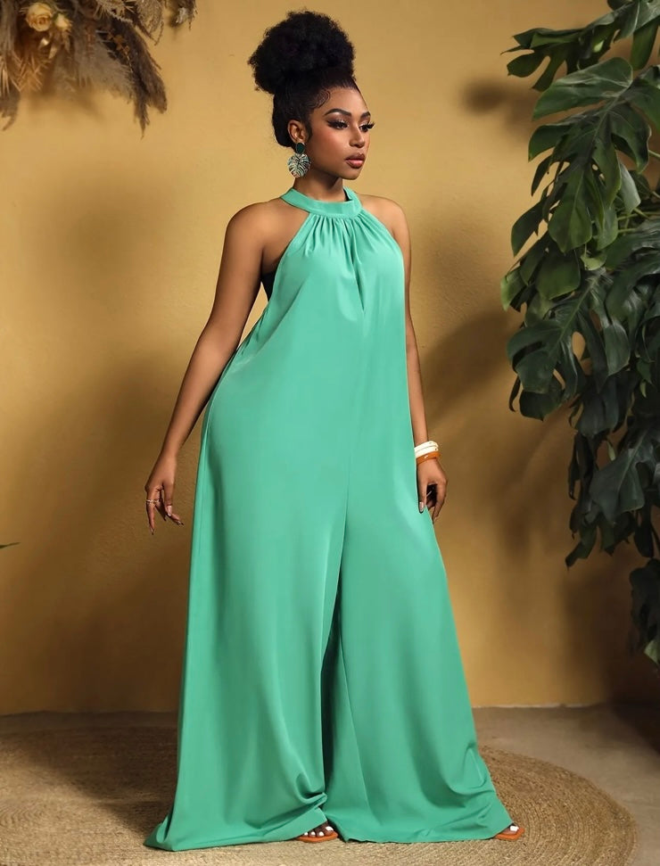 Plus Size Solid Lime Green Color Halter Neck Casual Sleeveless Wide Leg Jumpsuit for Spring & Summer Women's Plus Size Clothing