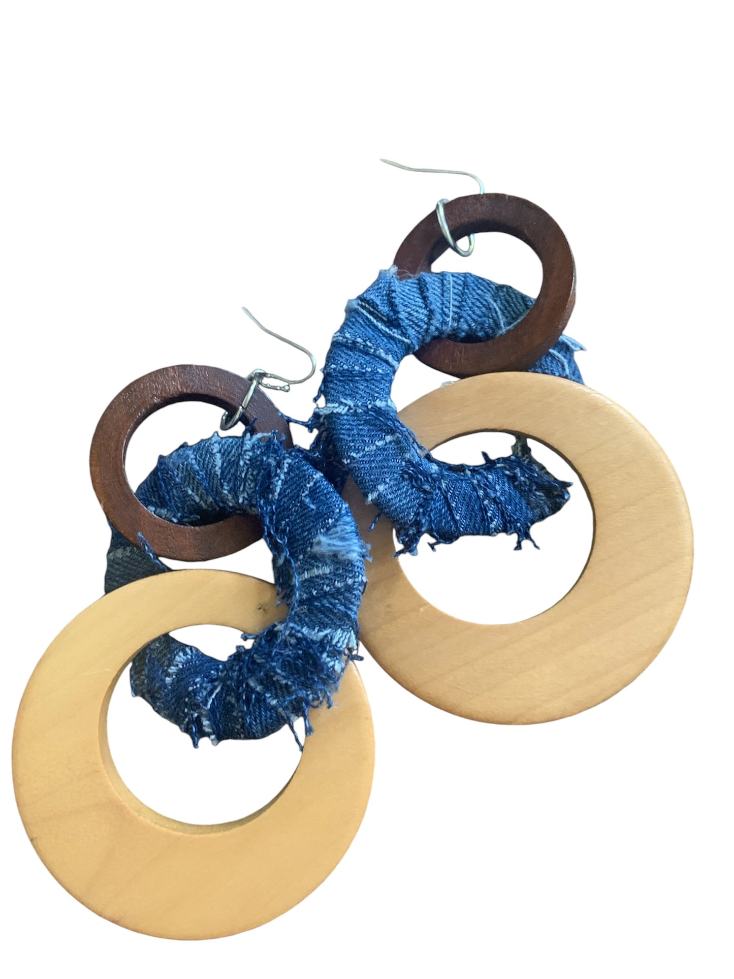 Handmade Fashion Denim Wood Statement 3 Ring Dangling Earrings Accessories Women's