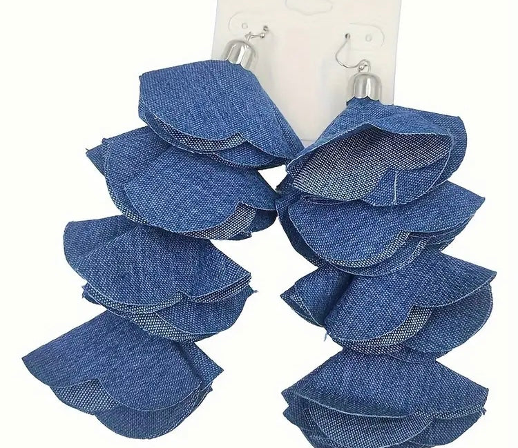 Beautiful Four Layered Denim Handmade Flower Petal Tassel Dangle Earrings for Women Fashion  Jewelry