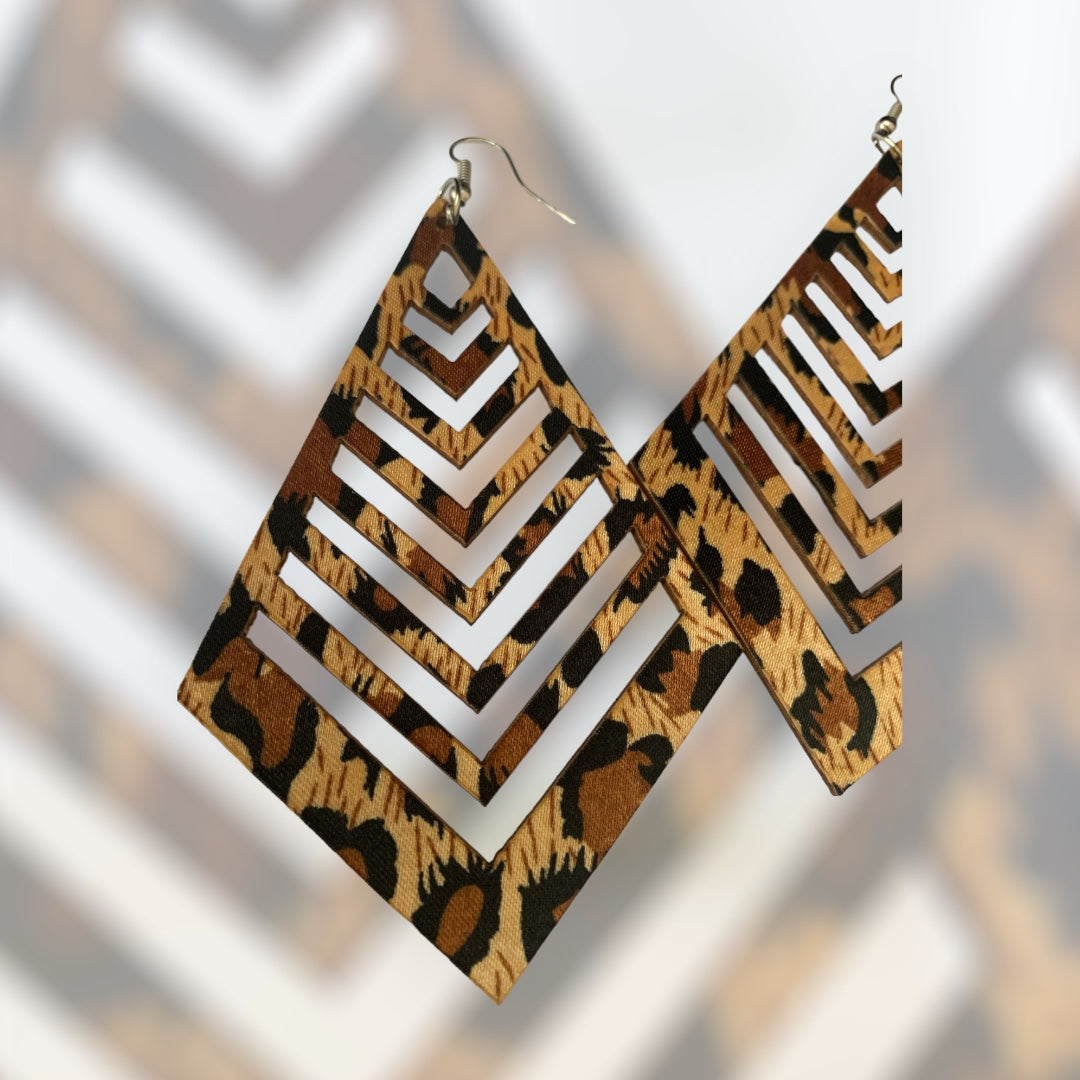 Ladies Women's Brown Long Acrylic Styled Fashion  Wood Statement Earrings Cheetah Styled Accessories