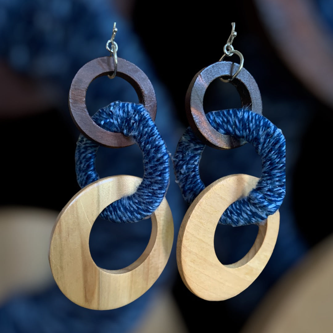 Handmade Fashion Denim Wood Statement 3 Ring Dangling Earrings Accessories Women's