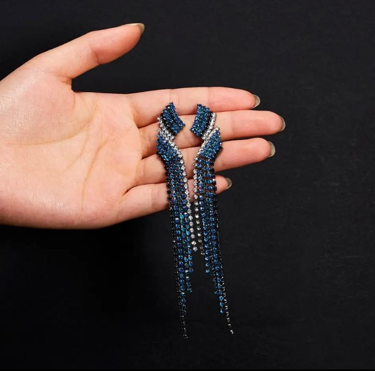 Blue Rhinestone Crystal Fashion Long Tassel Earrings for Women's Jewels