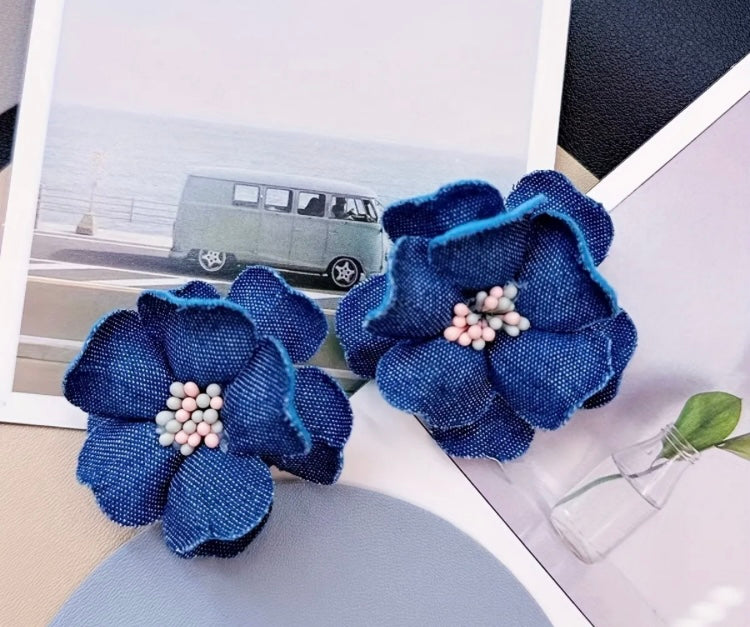 Denim Pretty Stud  Handmade Flower Blue Jeans Floral Statement Hot Fashion Ladies Earrings