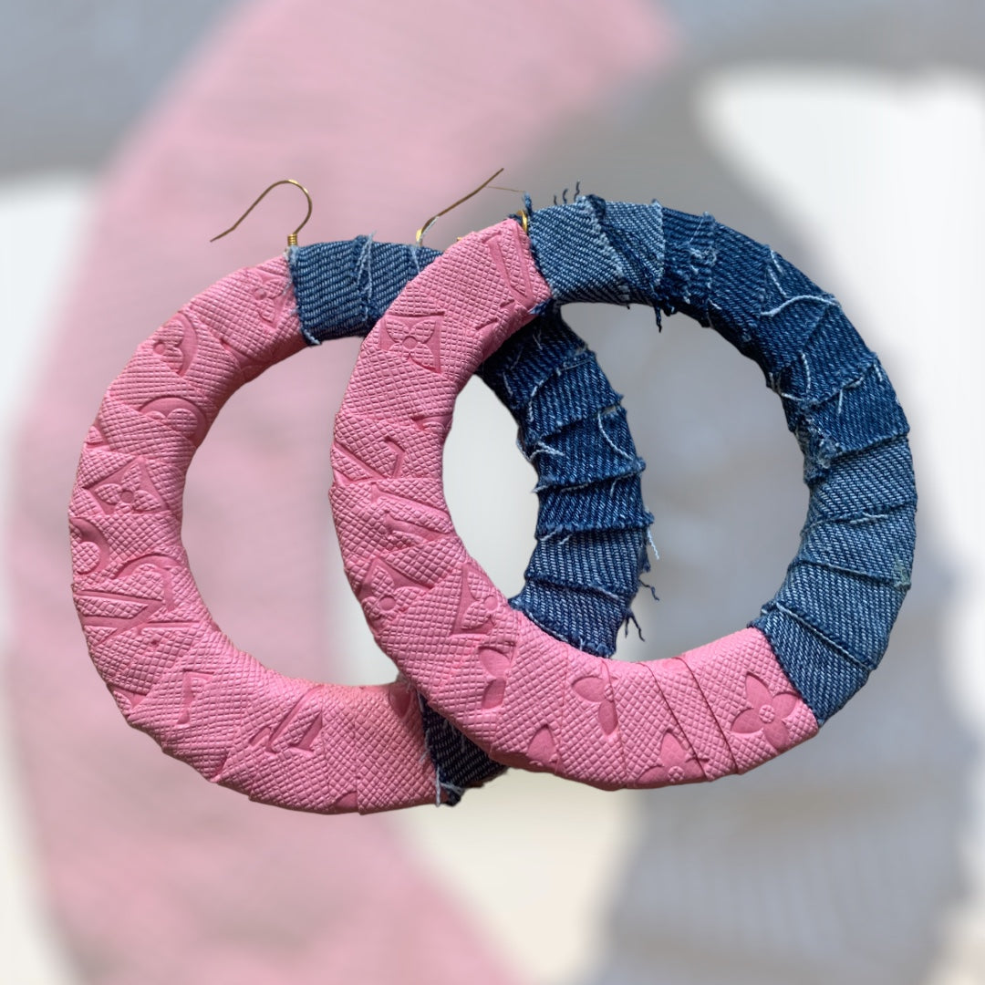 Fashion  Statement Denim Pink Wood Distressed Customized Big Hoops Designer Earrings Jewelry