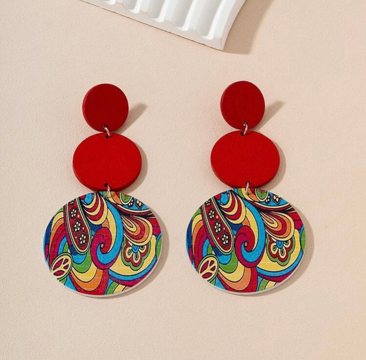 Cute Red Paisley Rainbow Colors Designed Graphic Wooden Round Drop Earrings Jewelry