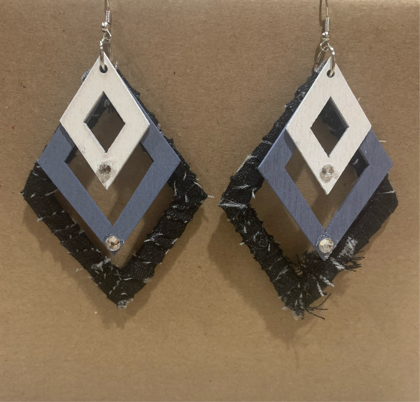 Fashion Statement Black Denim w Gray & White Accented Colors Wood Distressed Rhinestone Customized Triangles Earrings Jewelry