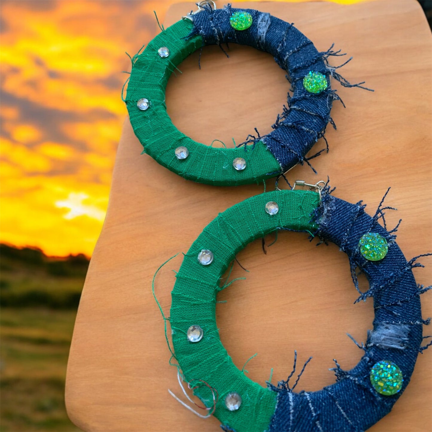 Green Stylish Fashion Statement Denim Wood Distressed Customized Hoop Earrings Jewelry