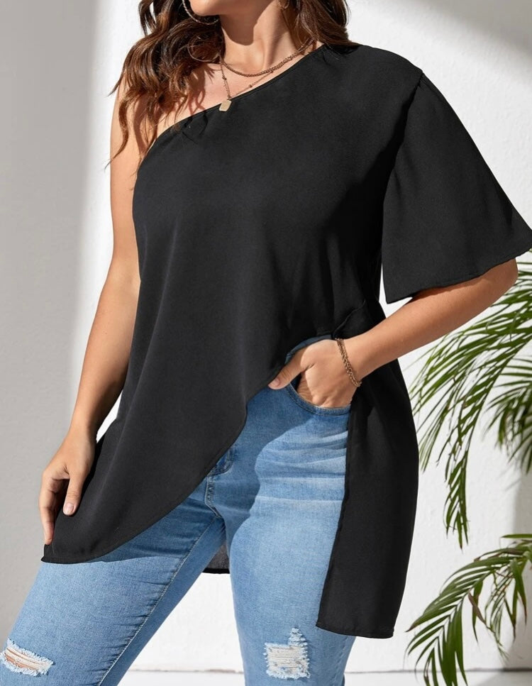 Women’s Black Casual One Shoulder Fashion Top Blouse Shirt  Plus Size