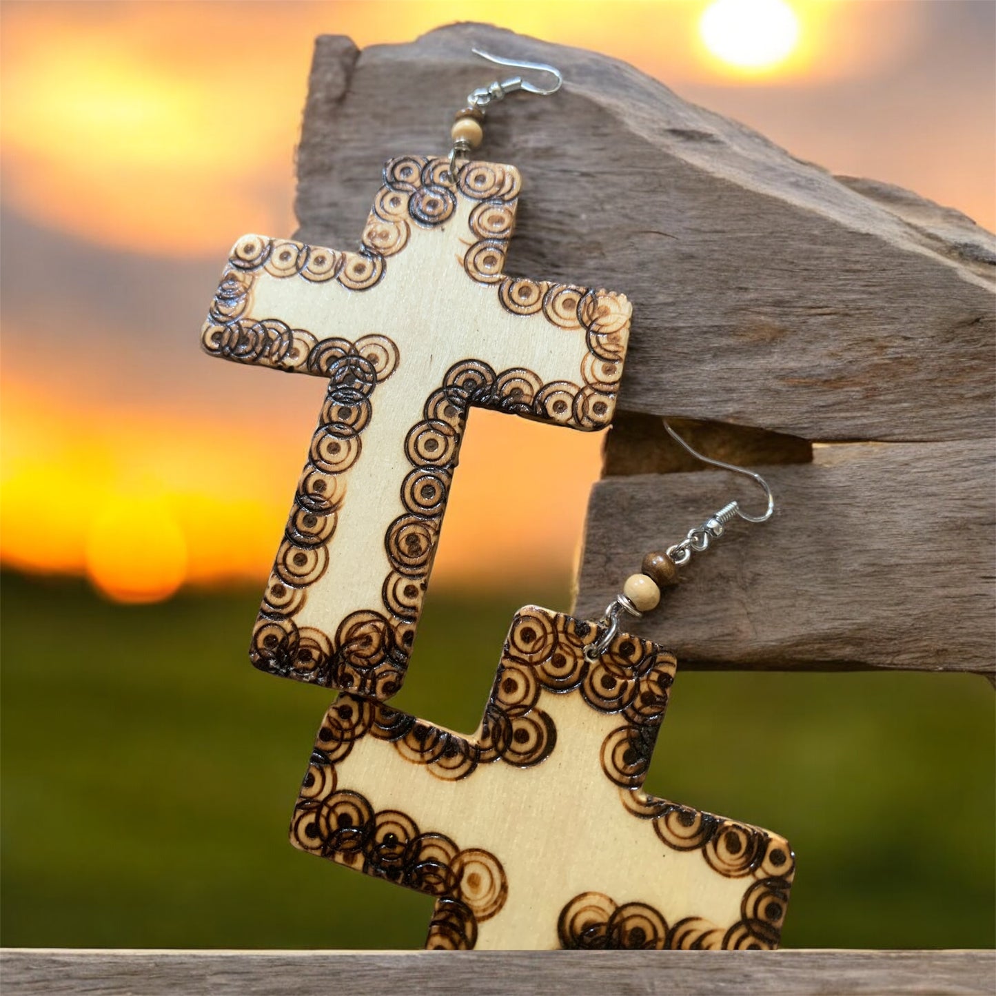 Beautiful Hand Carved Custom Handmade Styled Wood Cross Fashion Statement  Dangle Women's Earrings