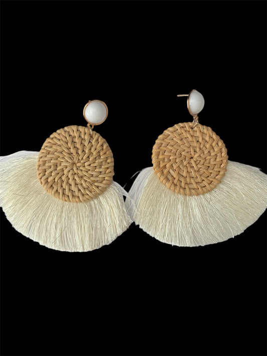 Women's White Woven Beach Styled Feathered Bamboo Styled Statement Fashion Earrings Accessory