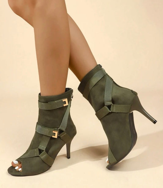Army Girl Green Multiple Strap Trendy And Stylish High Heeled Peep-Toe Sandal Booties Fashionable Shoes Accessories