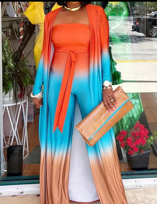 Casually Amazing Two Pieces Jumpsuit Plus Size Casual Outfit Women's Plus Ombre Earth Tone Print Long Sleeve Open Front Cardigan & Belted Outfits Set