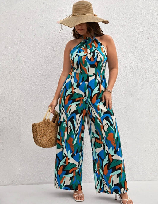 Long Pants Pretty Earth Tone Colored Allover Print Wide Leg Jumpsuit Plus Size Sumner Wear