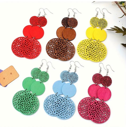 Cute Earth Tone Girl Colorful Round Shape Hollow Pattern Dangle Earrings Retro Bohemian Style Wooden Jewelry