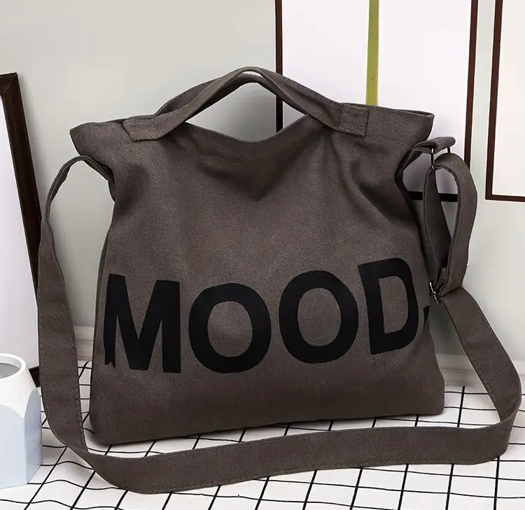 MOOD Letter Graphic Canvas Trendy Crossbody Tote Women's Fashion Style Gray Bag