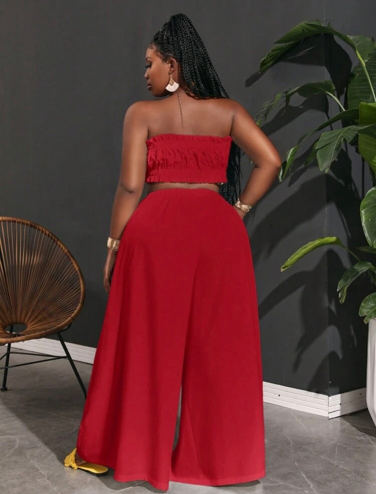 Pretty in Red Women's Plus Size Ruffle Trim Cami Halter Top & Baggie Waist Wide Leg Pants Set