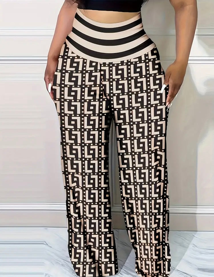 Black & Cream Styled Plus Size Geometric Print Straight Leg Pants Casual Elastic Waist Pants Women's Plus Size Clothing