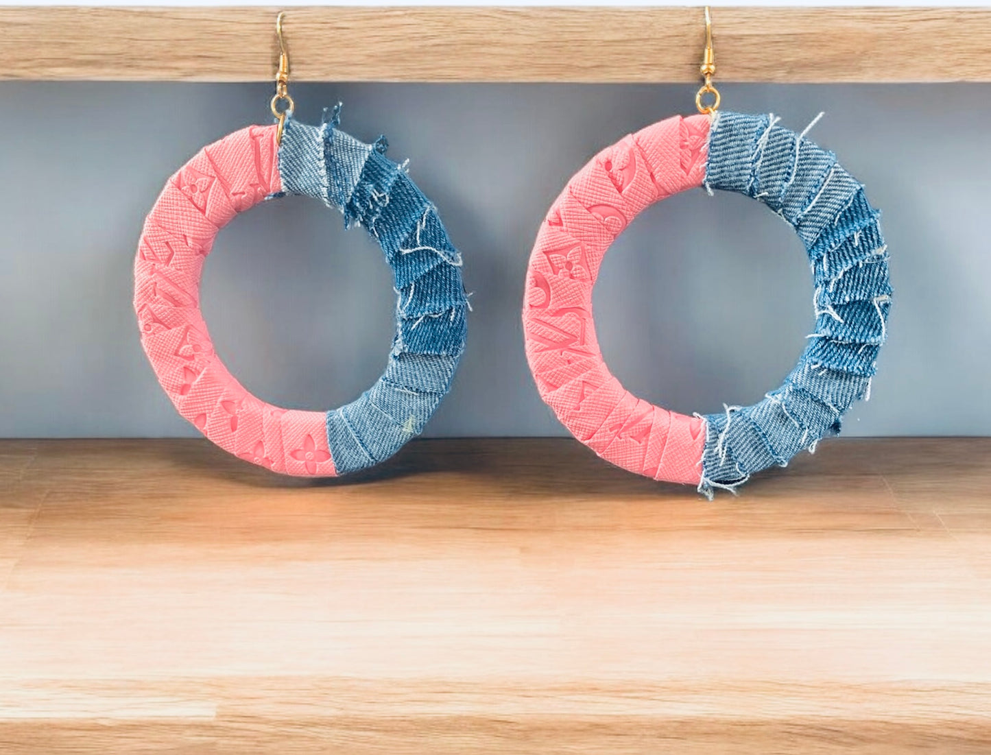 Fashion  Statement Denim Pink Wood Distressed Customized Big Hoops Designer Earrings Jewelry