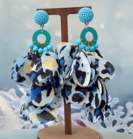 Blue Fashionable Handmade Beaded Lace Petal Shaped Pendant Earrings For Women
