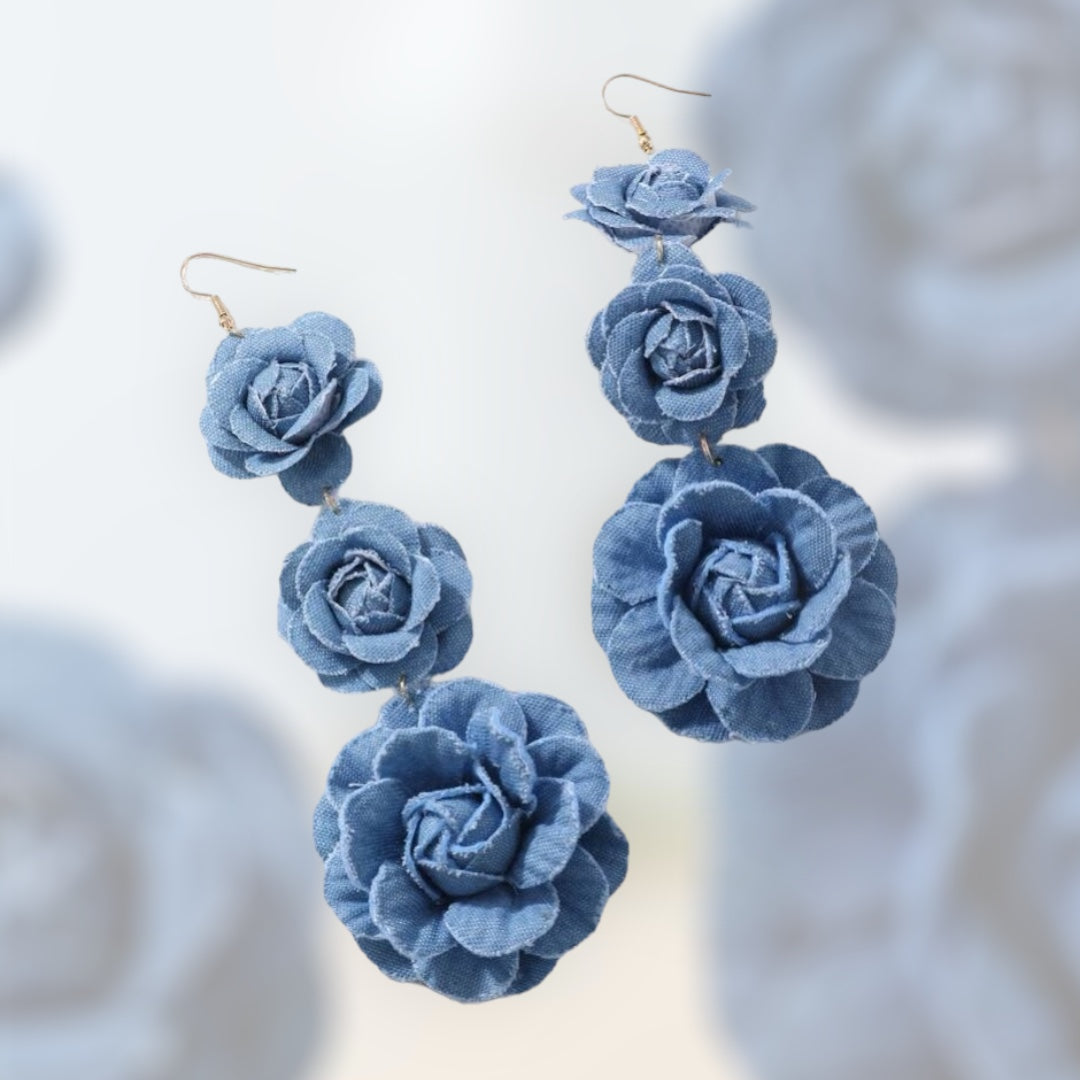 Beautiful Fashionable Triple Denim Flower Blue Jeans Big Flower Earrings for Women Jewelry Accessory