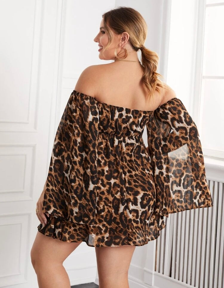 Pretty Plus Leopard Print Off Shoulder Split Sleeve Knot Front Fab Dress Women’s Wear