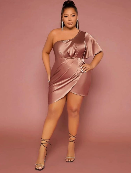 Sheer & Silk Rose Gold Plus One Shoulder Ruched Wrap Mini Formal Wedding Casual Satin Dress Clothes