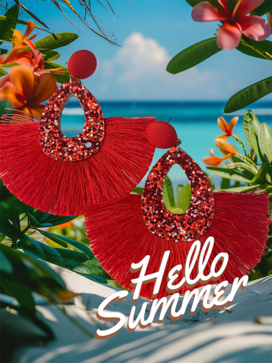 Red Tassel Glitter Feathered Statement Fashion  Earrings Women’s Accessories