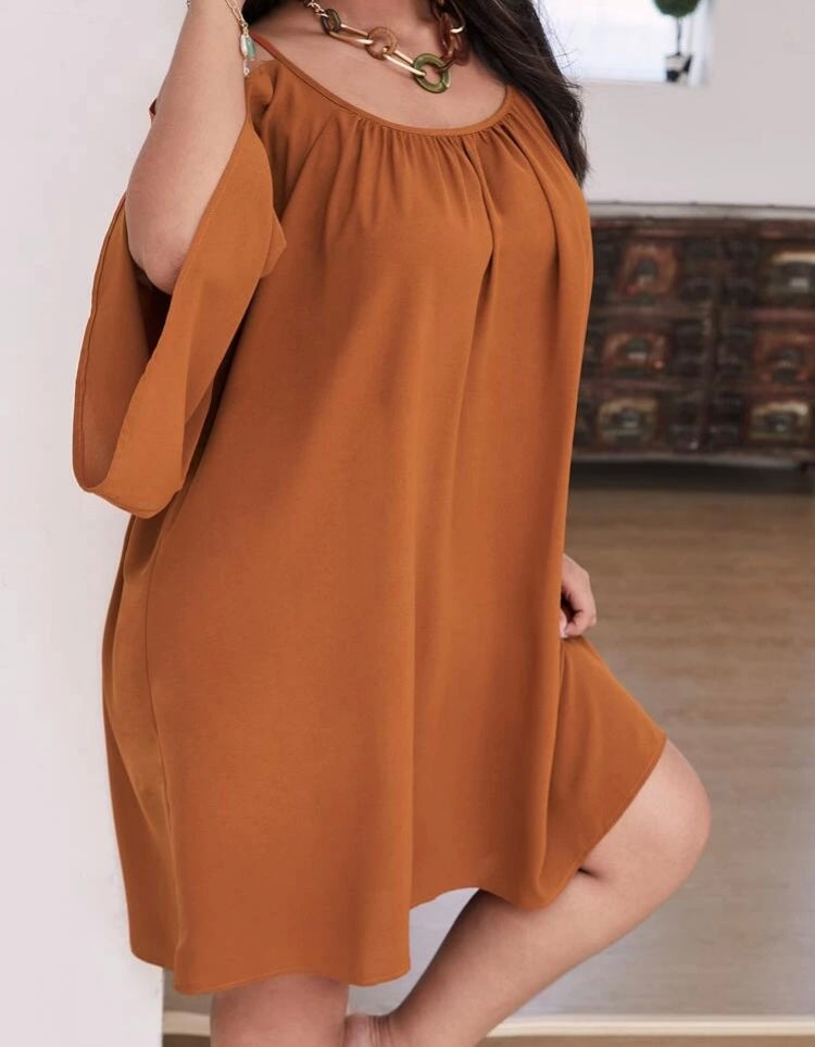 Sophisticated Burnt Orange Plus Cold Shoulder Night Out on the Town Party Styled Dress for the Confident One Clothing