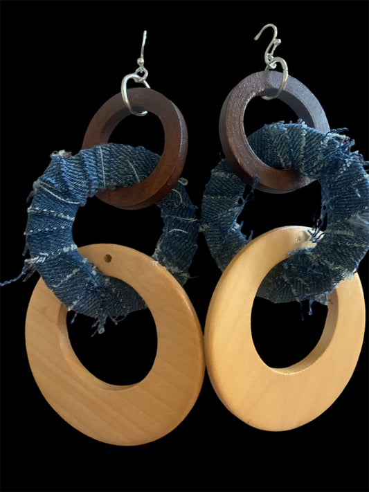 Handmade Fashion Denim Wood Statement 3 Ring Dangling Earrings Accessories Women's