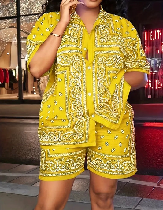 Lovely Yellow Paisley Print Collared Short Sleeve Top & Shorts Set Women's Plus Size Clothing