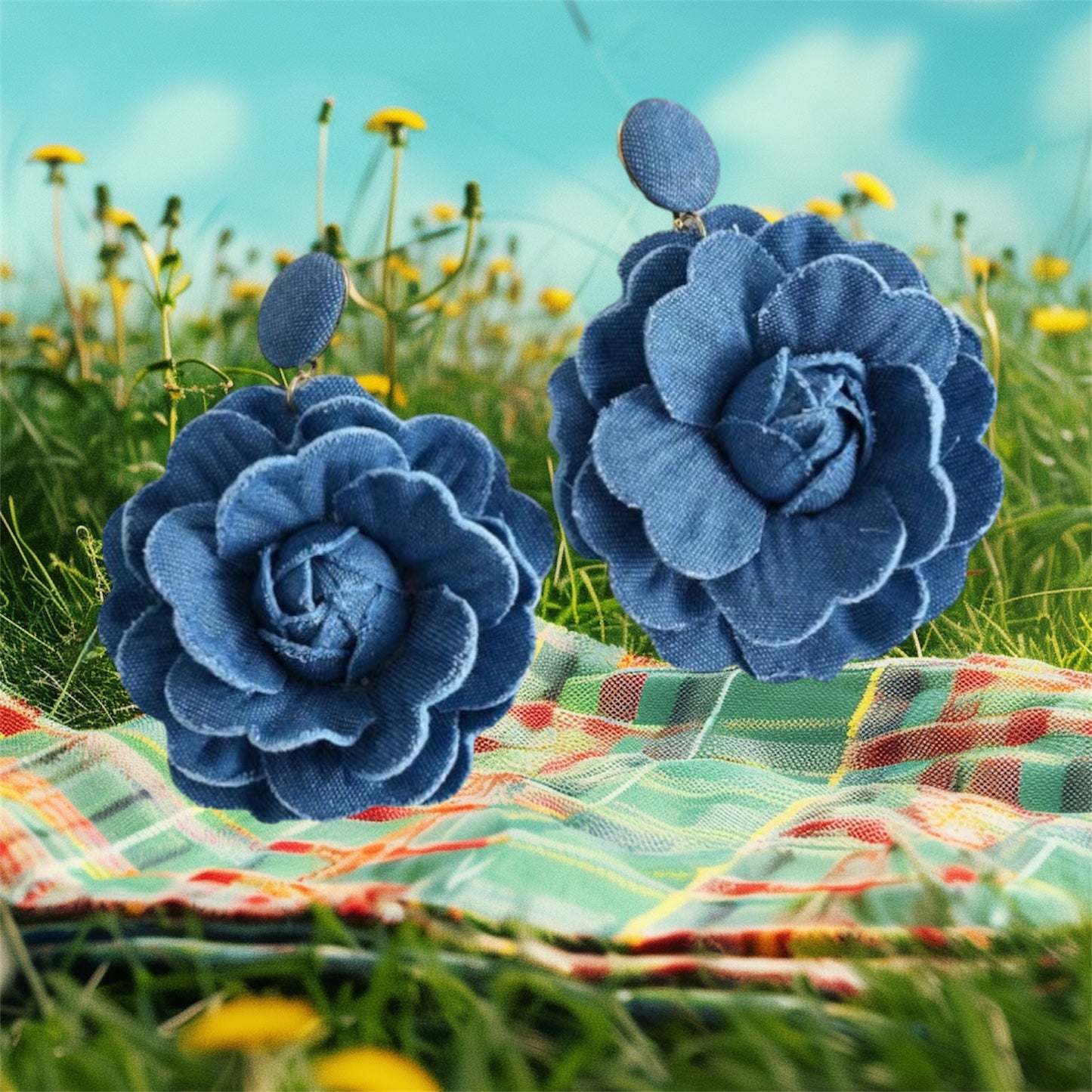 Denim Rose Flower Women Drop Bold Elegant  Exaggerate Statement Earrings