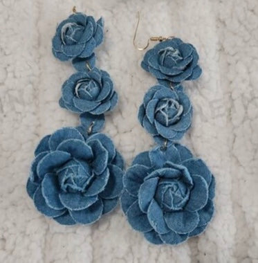 Beautiful Fashionable Triple Denim Flower Blue Jeans Big Flower Earrings for Women Jewelry Accessory