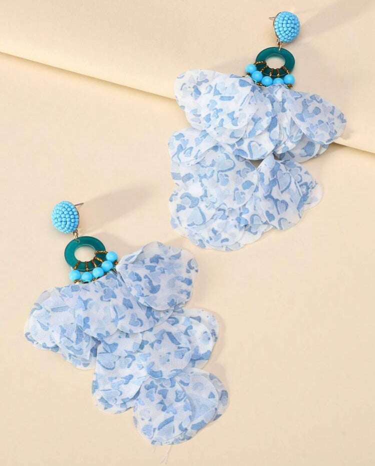 Blue Fashionable Handmade Beaded Lace Petal Shaped Pendant Earrings For Women
