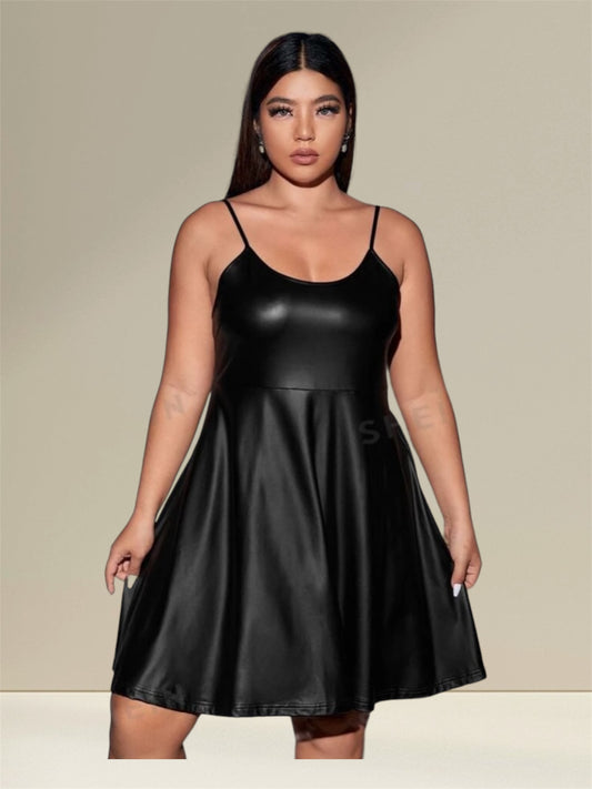 Stunning PU Leather Black Plus Size Flare Hem Sexy Girls Night Out Mini Cami Spaghetti Strap Dress Clothing