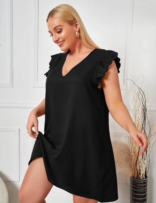 Classy Sassy Trendy Comfy Fit Plus V Neck Ruffle Trim Tunic Over Knee Dress for the Women’s Cute Curvy Girls