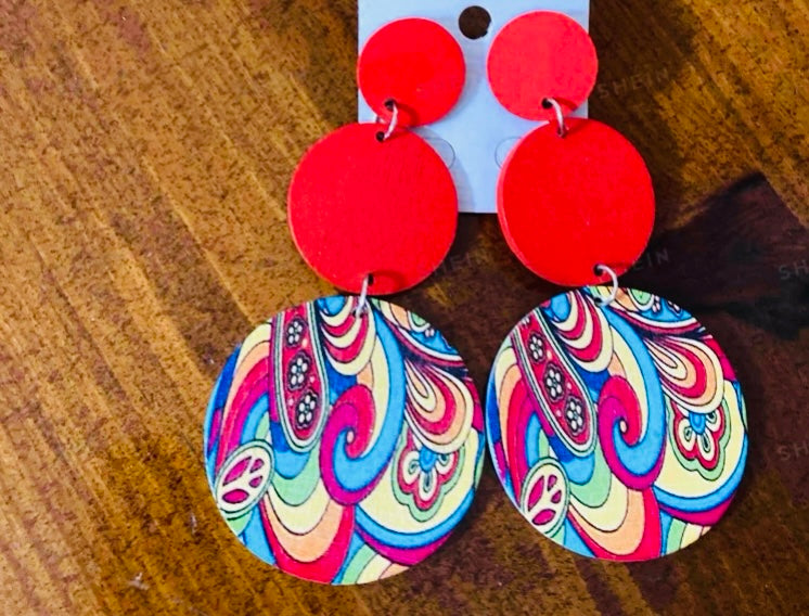 Cute Red Paisley Rainbow Colors Designed Graphic Wooden Round Drop Earrings Jewelry