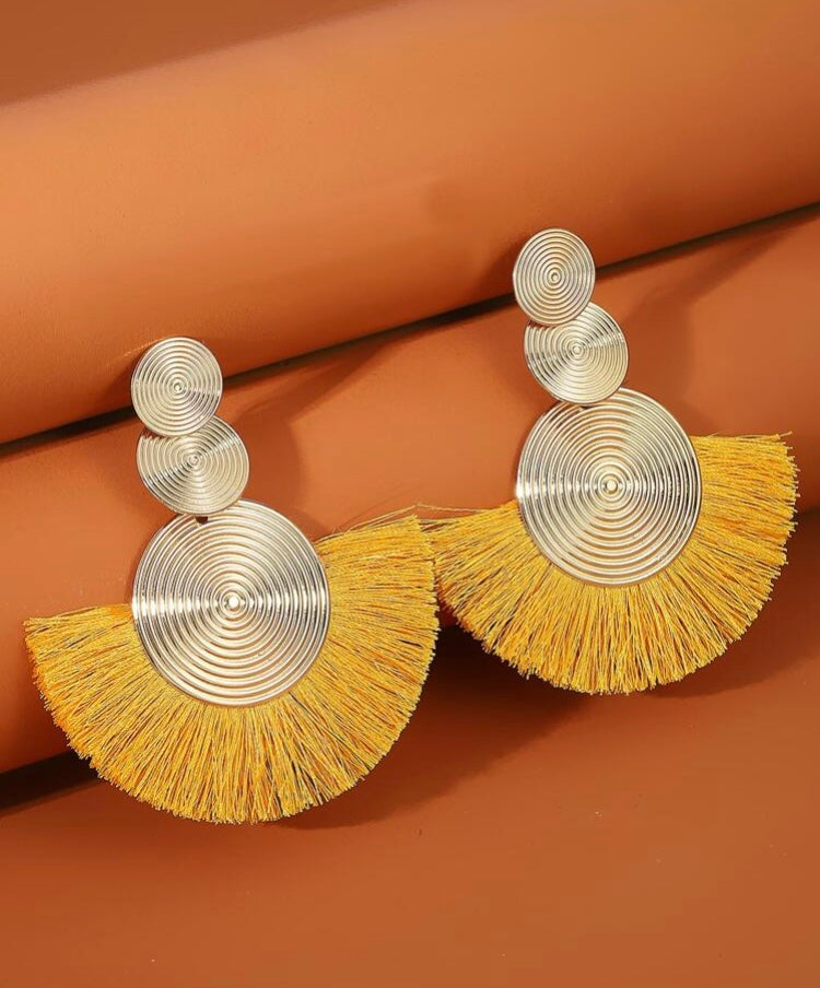 Gold Yellow Classy Circle Tassel Drop Earrings Bohemian Style Fan-Shaped Earrings for Women Accessories