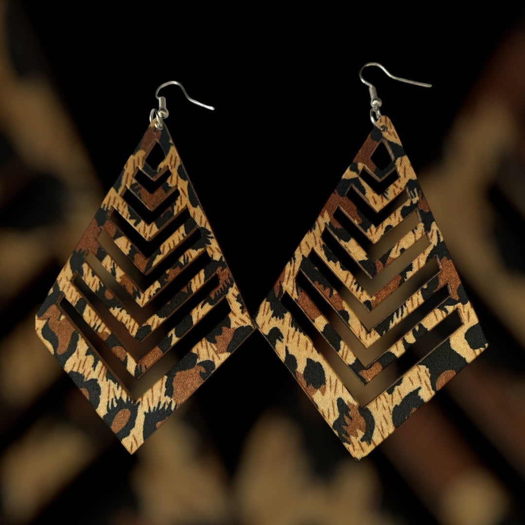 Ladies Women's Brown Long Acrylic Styled Fashion  Wood Statement Earrings Cheetah Styled Accessories