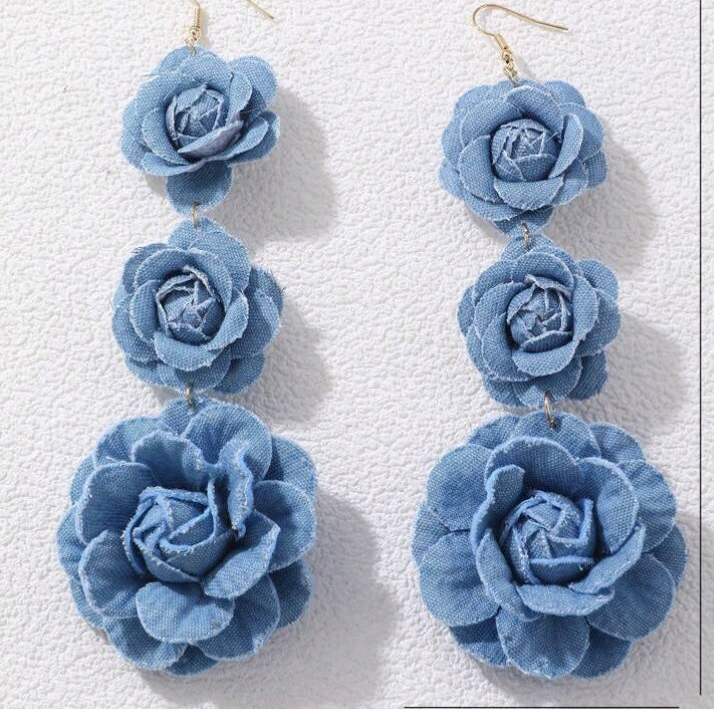 Beautiful Fashionable Triple Denim Flower Blue Jeans Big Flower Earrings for Women Jewelry Accessory