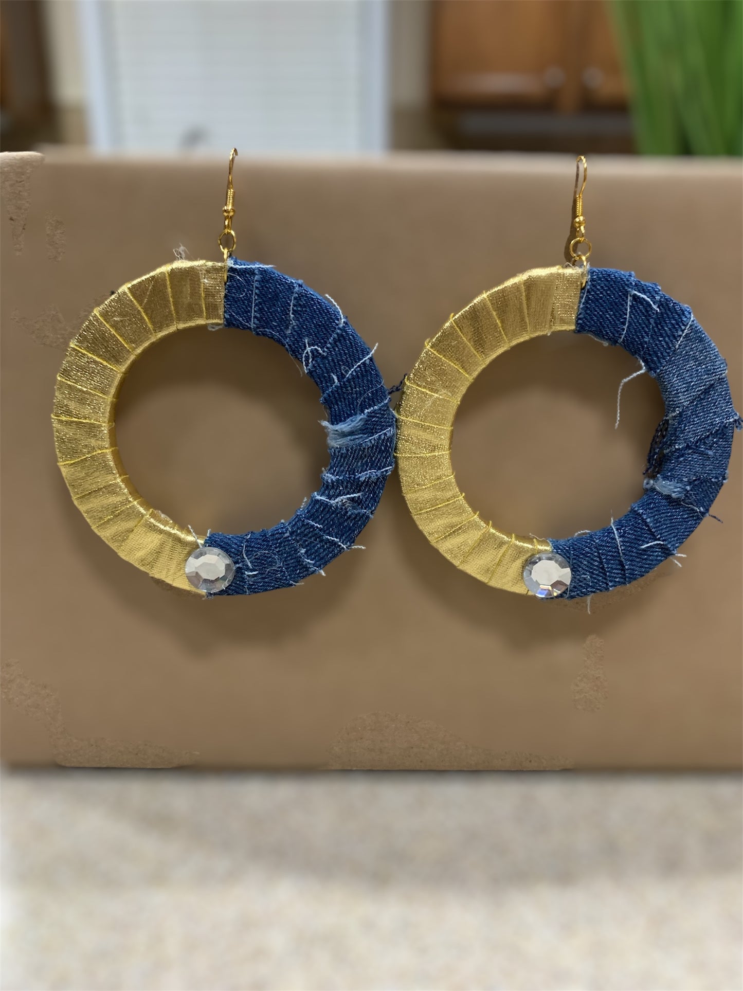 Fashion Statement Denim Shimmering Gold Wood Distressed Customized Hoop Earrings Jewelry